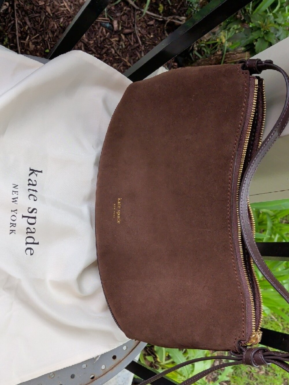 kate spade dark brown suede shoulder bag with gold zipper - Picture 7 of 11